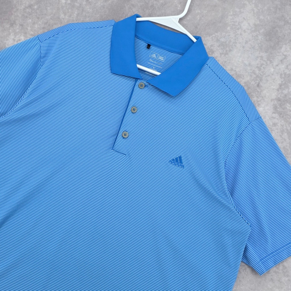 Adidas Golf Polo Shirt Mens L Climalite Blue Striped Short Sleeve Performance
